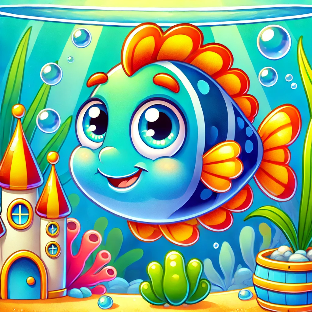 DALL·E 2024-10-29 13.30.58 – A cartoon-style image of a cheerful, colorful fish in an aquarium. The fish has large, bright eyes and a playful smile, with scales in shades of blue, L’Acquario della Responsabilità